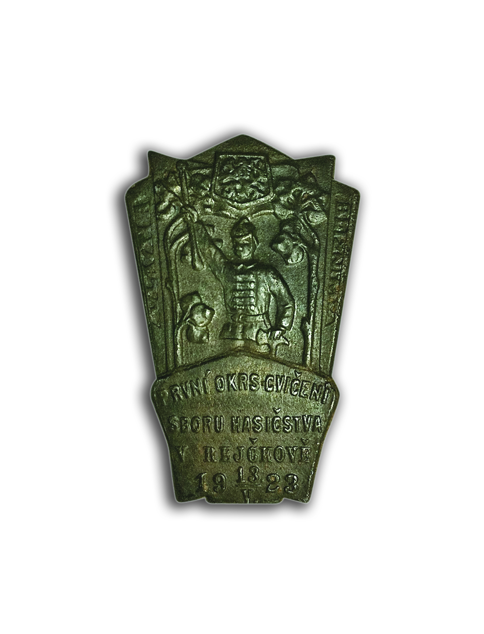 Odznak k příležitosti prvního hasičského cvičení v Rejčkově 13.5.1923